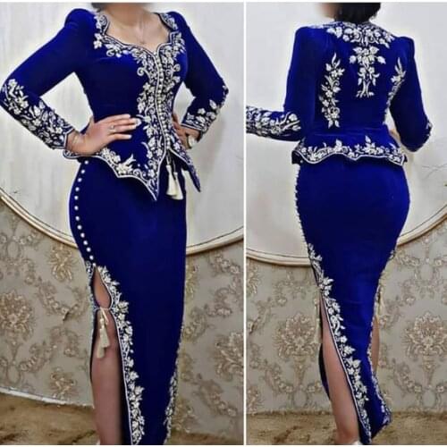 Karakou algerien Royal Blue Prom Formal Dresses with Long Sleeve 2021 Silver Lace Embroidery Peplum Slit Arabic Evening Gowns