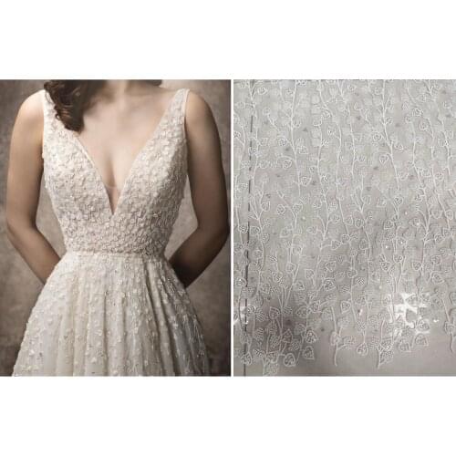 1Yards sequin beaded tulle Lace Fabric for wedding dress French African sequins embroidery laces fabrics off white lace 1 Yard