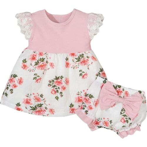 2Pcs Fashionable Baby Girls Outfit Children Floral Printing Round Collar Fly Sleeve Top + Bow Decoration Triangle Lace Shorts