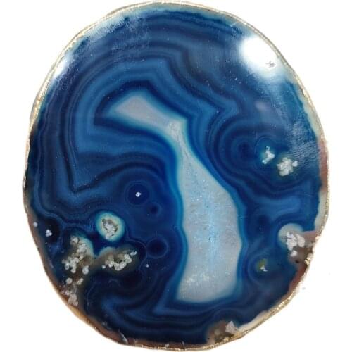 2pcs Blue Crystal AGATE SLAB Geode Slice Golden Edge Mineral Coaster With Holder