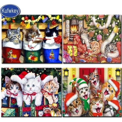Christmas cat happy new year diamond mosaic full square round drill cartoon picture of rhinestones 5d diamond painting embroider
