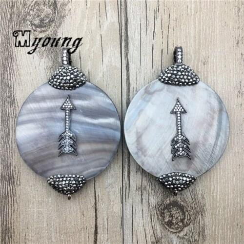 Large Round Mother Pearl Shell Pendant With Rhinestone Paved , Arrow Shape CZ Zirconia Micro Paved Connector Charms, MY1732