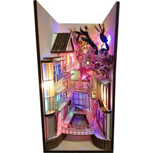 DIY Wooden Spiriteds Away Dragon Alley Book Nook Shelf Insert Kits Bookends Anime Bookshelf With Furniture Home Decoration Toys