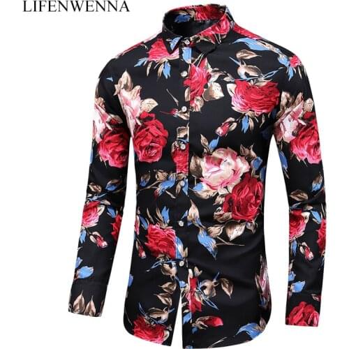Hot Sale 2019 New Fashion Flower Printed Mens Shirt Casual Plus Size Long Sleeve Shirts Male Slim Fit Mens Office Shirt M-7XL