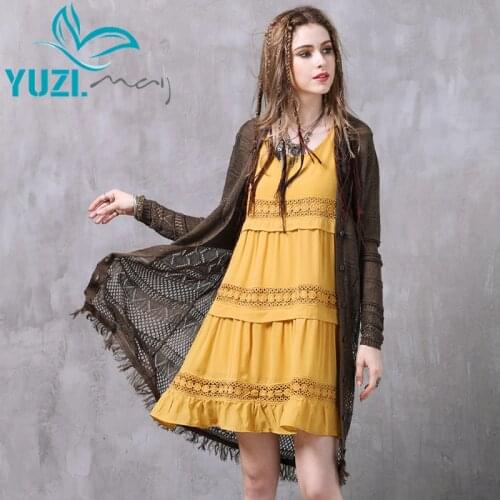 Cardigan Women 2017 Yuzi.may Casual New Ramie Knitting Sweater V-Neck Lantern Sleeve Hollow Out B9213 Cardigans Femininos