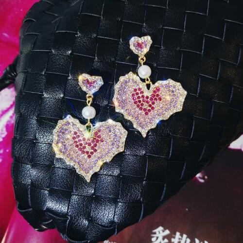 Korean New Design Fashion Jewelry Elegant Pink Gradient Full Crystal Love Double Heart Earrings Girl Party Earrings for women