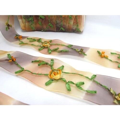 Brown Ombre Embroidered Floral Chiffon Ribbon Trim|Flowers with Colorful Leaves|Woven Chiffon Organza Ribbon