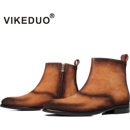 Vikeduo Hand Made Official Design Famous Brand Footwear Dress Shoes Made Brown Men Suede Chelsea Boots