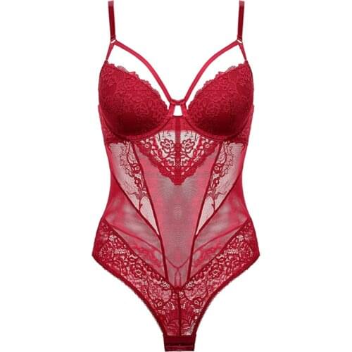 Red Floral Lace Bodysuit Women Sexy Lingerie Sleeveless Underwire Padded Deep V Push Up Shapewear Female Bustier Corset Jumpsuit