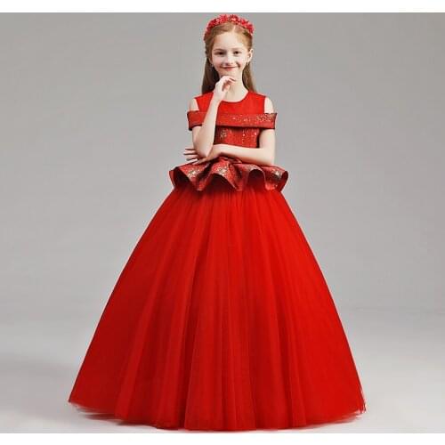 Flower Girl Dresses Illusion O-Neck Sequined Princess Floor-Length Tulle Lace Short Off The Shoulder Luxury Kids Party Gown H241