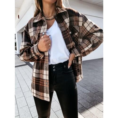 Women Plaid Print Jacket Coat Long Sleeve Single Breasted Streetwear Oversize Ladies Coat Casual Autumn Outwear Female Jackets