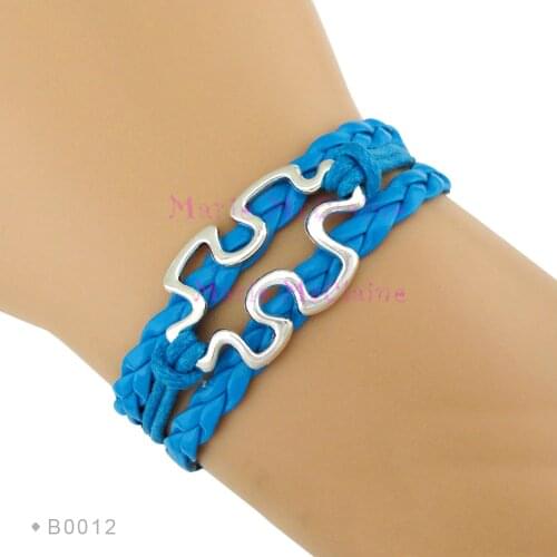Autism Awareness Ribbon Jigsaw Puzzle Pieces Blue Red Yellow Leather Braid Bracelets for Women