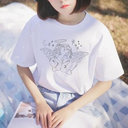 Summer Fashion Unisex Man Women Top Tee Thinking Angel Outline Printed T Shirt Short Sleeve Cotton Tee Tops Fashion Street Style