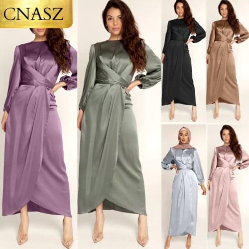 2021 New Muslim Dress Hot selling Design Abaya Clothing For Women Modest Fashion Tie Belt Satin Dress Turkey Middle East