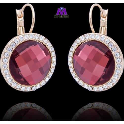Italina New Arrival,Real Gold Plated Austrian CZ Zircon Big Round Claret-red Crystal Jewelry Drop Earrings For Women And Girl