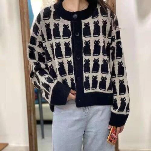 2021 Autumn New Kitten Round Neck Jacket Cardigan Women Knitted Bottoming Shirt Thin Western Style Jacket Coat