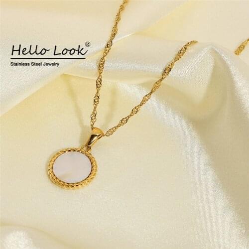 Hellolook Natural Shell Pendant Necklace Women 18K Gold Plated Stainless Steel Croissant Round Necklace female Free Shipping