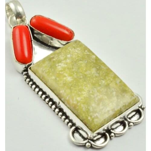 Jaspers & Coral Pendant Silver Overlay over Copper , 62 mm, P3138
