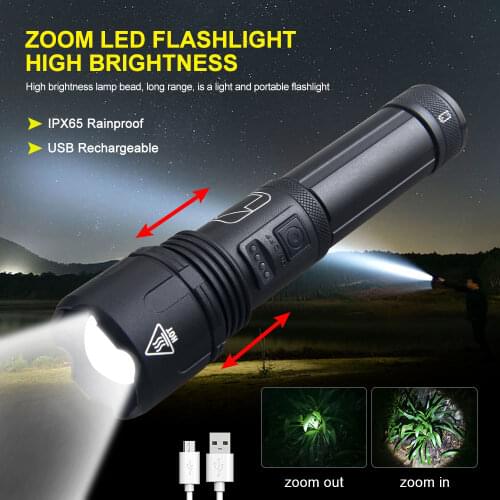 Bright 5000ml 5 Modes XHP50 LED Zommable Tactical Flashlight Torch USB Rechargeable Waterproof Lantern Hunting 18650 Flashlight