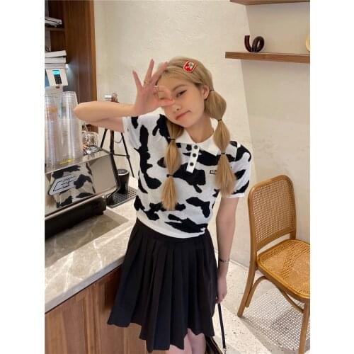 Autumn new Korean style slim cow polo collar short-sleeved t-shirt women