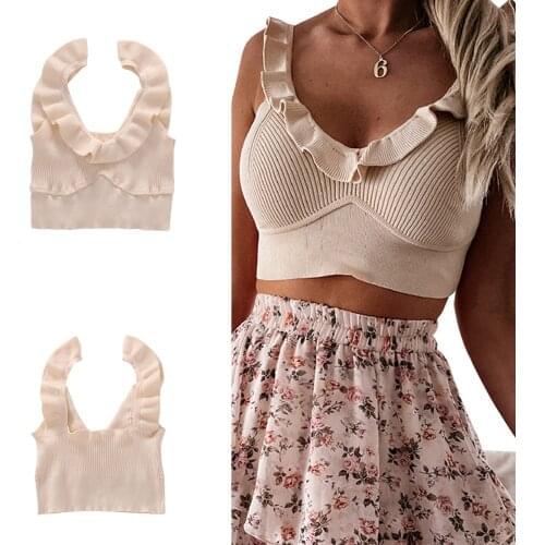 Casual Women Rib Knit Tank Top Sexy Summer Sleeveless V Neck Solid Color Vest Tight Ruffle Streetwear