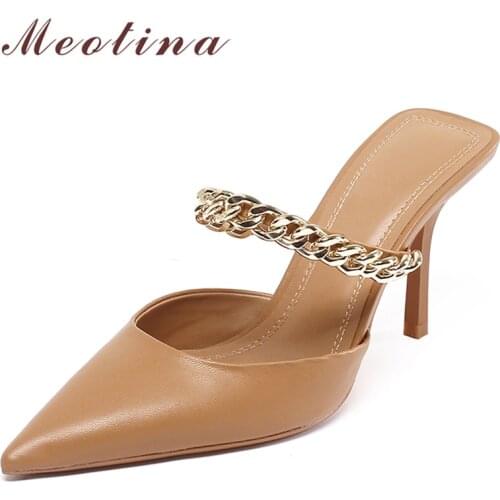 Meotina Mules Shoes Women Genuine Leather Sandals Chain Super High Heel Sandals Pointed Toe Shoes Thin Heel Lady Footwear Summer