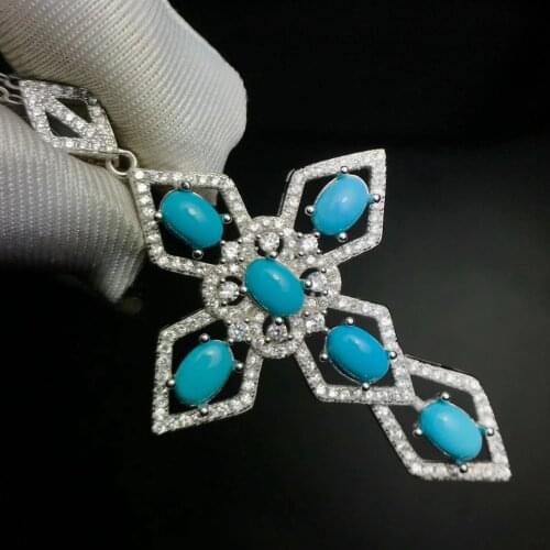Natural blue turquoise cross Pendant necklaces natural gemstone pendant S925 silver Elegant Women party luck gift fine jewelery
