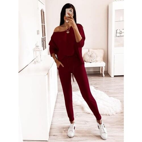 2020 Sweet Loose 2-Piece For Ladies Womens Solid Color Long-sleeved Strapless Suit Autumn Fashion Sweatshirt + Harem Pants Suit