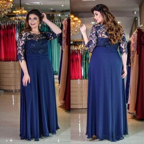 Dark Blue Plus Size Lace Evening Dresses With Half Sleeves Sheer Bateau Neck A Line Beaded Prom Gowns Floor Length Chiffon Form