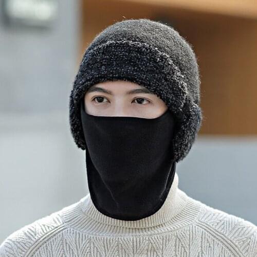 Winter Skullies Beanies For Men Earmuffs Woolen Mask cap plus velvet thick masked ski hat