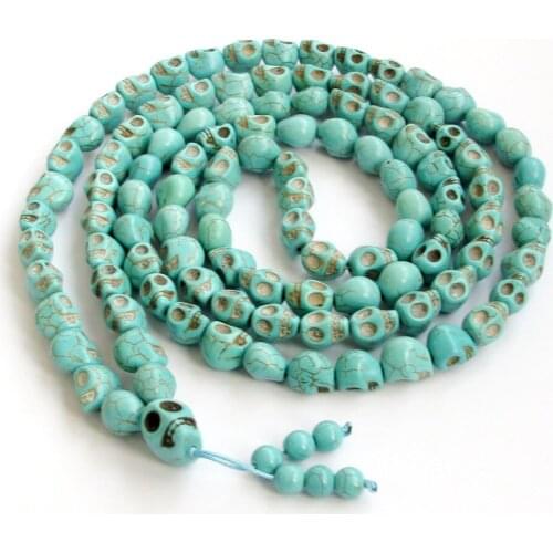 108 Beads Buddhist Tibetan Carved Skull green stone&Turquoises Prayer Mala necklace