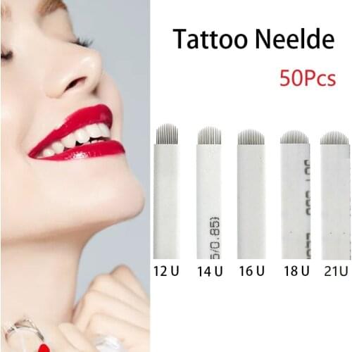 50Pcs Sterilized Microblading Needles Disposable Tattoo Eyebrow Blades 12/14/16/18/21U Shape Tattoo Needle For Manual Tattoo Pen