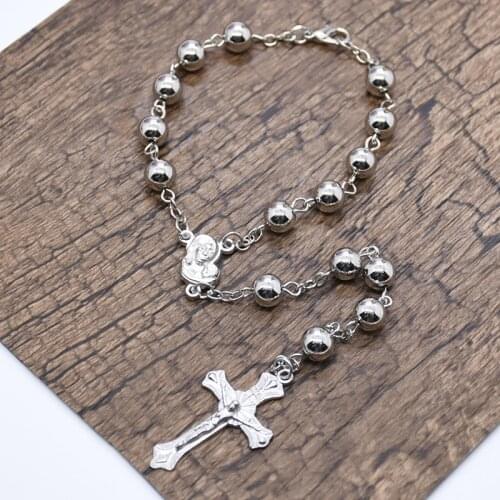 White K Silver Color Beads Rosary Bracelets for Female Religious Christian Catholic Cross Church Prayer Car Hangings Jewelry