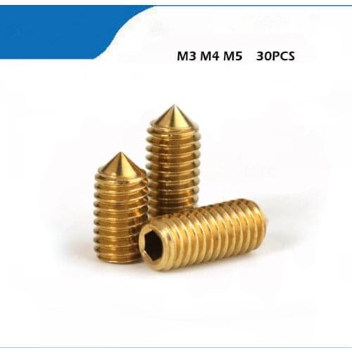 Free shipping 30pcs M3 M4 M5pure brass DIN914 hex socket cone point headness set gurb screw