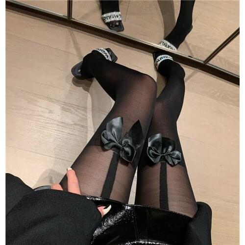 Tights Woman Pattern Retro Black And White Color Pantyhose Anti-Hook Bow Sling Legging Female Sexy Summer Thin Section Lingerie