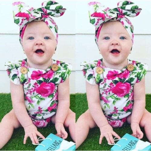 Cute Newborn Infant Kids Girls Rompers Roses Flower Jumpsuit Sleeveless Summer Little Baby Costumes + Headband