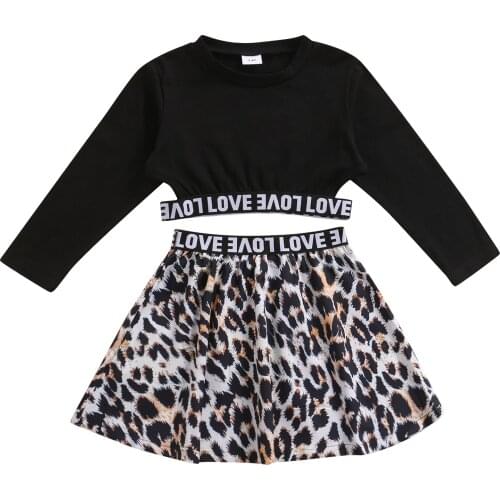 Girl’s Outfits Two Piece Suit Fashion Letter Ribbon Long Sleeve T-shirt and Leopard Short Skirt 18M-6T