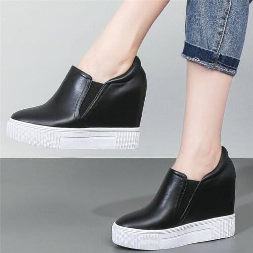 10cm High Heel Fashion Sneakers Women Slip On Genuine Leather Wedges Ankle Boots Female Round Toe Platform Creepers Casual Shoes
