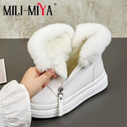 MILI-MIYA Waterproof Warm Plush Women Patent Leather Snow Boots Wedges Round Toe Zipper Solid Color Rabbit Hair Big Size 34-40