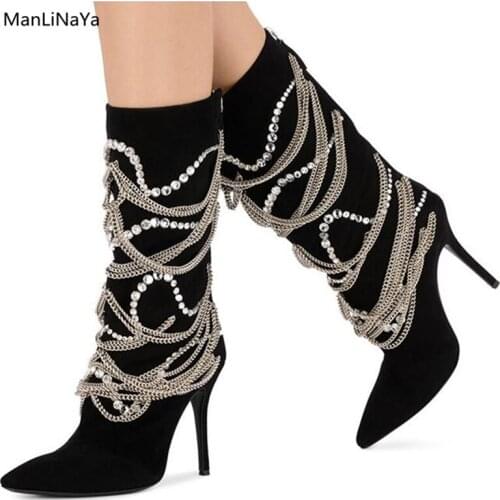 Newest Pointed Toe Cow Suede Chain Fringe Women Boots Brand Design String Bead Female Boots Zip Super Thin High Heel Woman Shoes