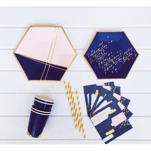 Gold Foil Blue Gold Disposable Tableware Party Paper Plates Cups Baby Shower happy Birthday Party Supplies Paper Cups Tableware