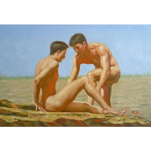 ORIGINAL OIL PAINTING GAY INTEREST NUDE MEN outdoor