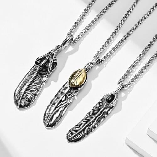 Vintage Feather Stainless Steel Pendant Necklaces Turquoise Literary Necklace for Men Him Retro Charm Jewelry