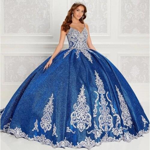 Sexy Spaghetti Straps Quinceanera Dresses 2021 For Sweet 15 Girls Silver Appliques Lace Ball Gown Royal Blue Party Formal Dress