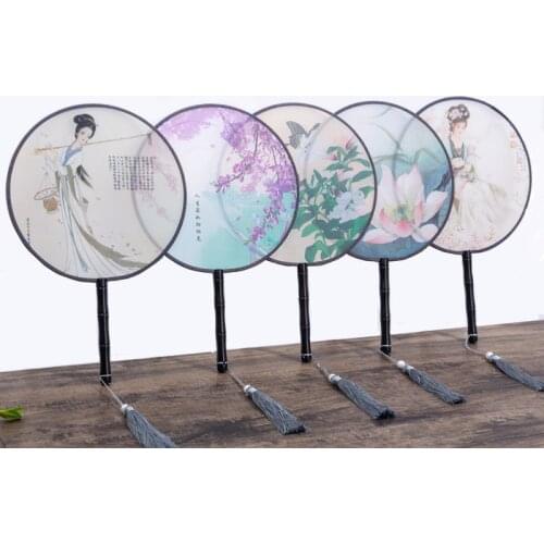 Portable Chinese Style Round Fan Vintage Dancing Hand Fan with Tassel Wedding Favors Decor