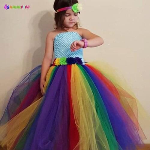 Shabby Flowers Girls Rainbow Tutu Dress Full Length Princess Tulle Dress Kids Birthday Party Ball Gowns Purim Xmas Clothing