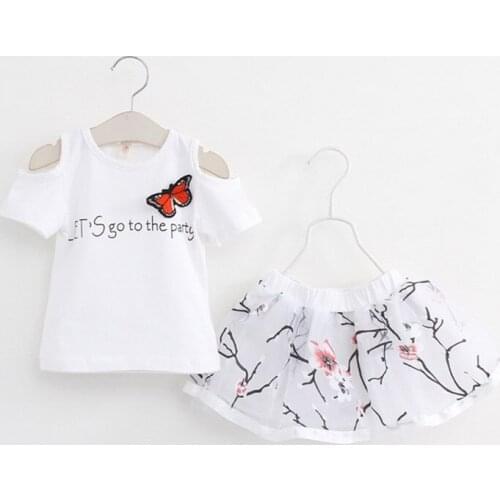 Retail Kids summer clothing sets children Girls casual letters butterfly cotton T-shirt + Organza floral skirt 3-8 years