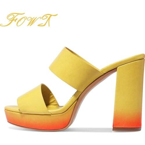 Yellow Super Square Heels Peep Toe Sandals Womens Shoes Slip On Large Size 13 15 Ladies Summer Dress Mature Fashion&Dress FOWT