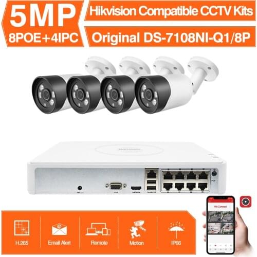 Hikvision Compatible Kits 4PCS 5MP POE IP Camera Bullet ColorVu & Hikvision 8CH POE NVR DS-7108NI-Q1/8P DIY Security CCTV System