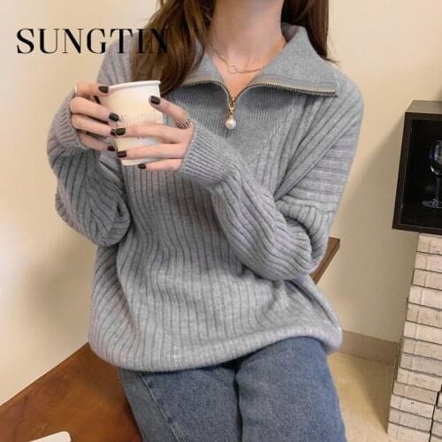 Sungtin Knitted Pullover Sweater Women Turtleneck Loose Jumper Female Pearl Zipper Harajuku Oversized Sweater Chic Ribbed Korean